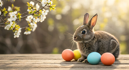 Easter bunny, Rabbit, Bunny rabbit, Cute Easter Bunny with Colorful Eggs and Spring Blossoms