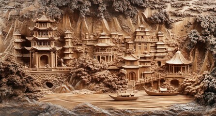 Intricate wood carving depicting a serene Asian city nestled within a mountainous landscape.  Detailed carvings showcase pagodas, buildings, and a small 