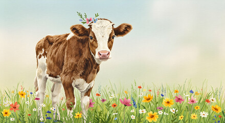 Calf, Cow, Bovine, Adorable Calf in Wildflower Meadow