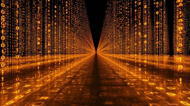 A glowing tunnel of golden binary code streams into the distance, creating a futuristic digital landscape.