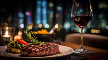 Grilled steak and vegetables with a glass of red wine on a table, set against a city nightscape with soft, ambient lighting.