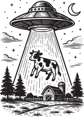 vintage flying saucer adducting a cow vector illustration
