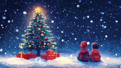 Two children sit in snowy landscape gazing at a brightly lit Christmas tree, adorned with colorful ornaments.  Snow falls softly against a deep blue night sky.  Gift boxes sit beneath the tree