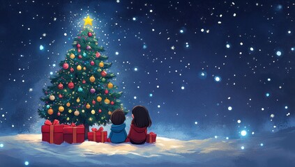 Two children gaze at a decorated Christmas tree under a starry night sky