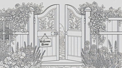 Wooden gate with flowers exterior view coloring book illustration
