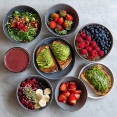Healthy breakfast bowls and toasts with berries and avocado