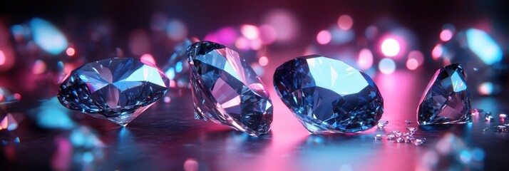 Close-up of several  faceted diamonds, bathed in vibrant pink and blue light