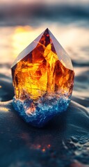 A vibrant,faceted crystal, amber and blue hues,  set on wet sand at sunset