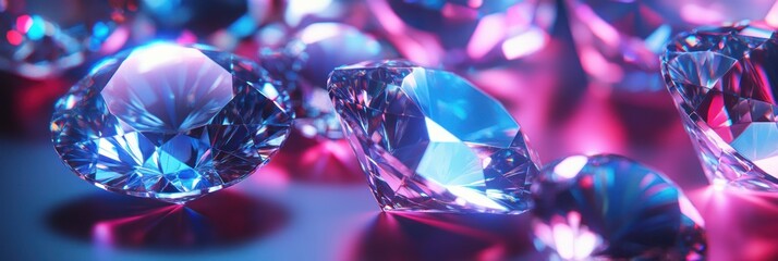 Close-up of many dazzling, faceted gems, illuminated with vibrant, cool-toned hues of blue and pink