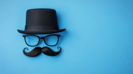 Happy Father's Day banner mockup stock photo with a mustache, glasses, and hat on a blue background in a flat lay top view, providing copy space for designs.