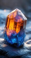 Radiant crystal, amber and blue hues, atop a textured stone