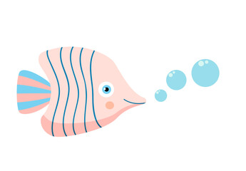 Cute cartoon vector fish in pink and blue colors, simple flat style illustration for kids and baby graphic design
