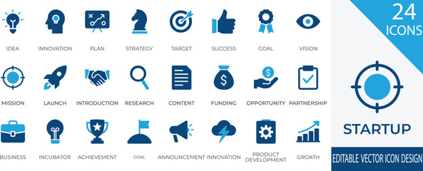 A minimal and modern startup vector, icon set representing essential business elements like idea, innovation, planning, success, and vision. Perfect for use in business presentations, pitch decks