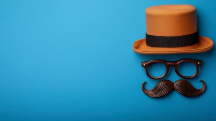 Happy Father's Day concept in flat lay top view: mustache, glasses, hat on a blue background with copy space for banner mockup stock photos.