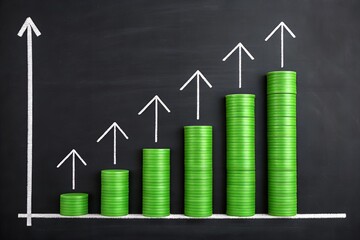 Green Growth Chart: Plants Growing in Cylinders with Upward Arrow on a black background
