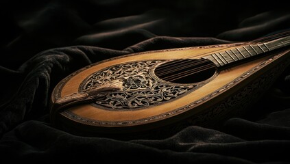 Ornate Renaissance-style lute resting on dark fabric
