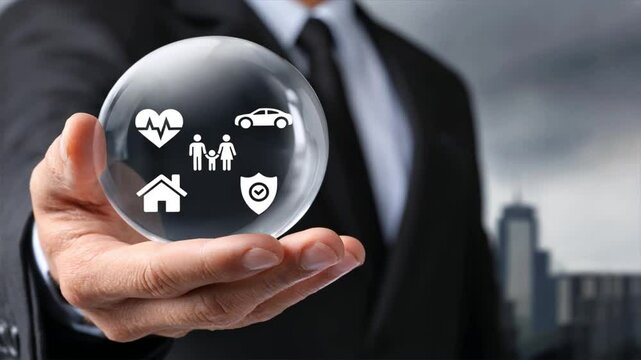 A businessman holds a transparent glass ball containing icons representing general insurance coverage