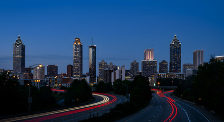 Fototapeta premium Atlanta, Georgia, Skyline, Atlanta Skyline at Dusk with Light Trails