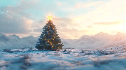 A serene winter landscape featuring a decorated Christmas tree with a star on top.