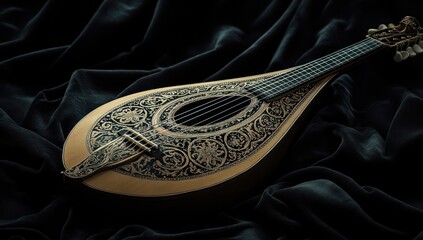 Ornate antique guitar resting on dark velvet
