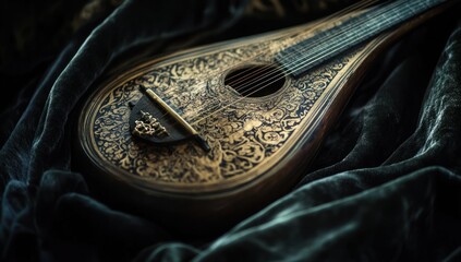 Intricate antique guitar resting on dark green velvet