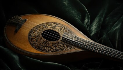 Ornate antique lute on dark green velvet