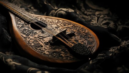 Ornate mandolin resting on dark fabric.  Intricate wood carvings adorn the instrument's body.  Rich, deep tones