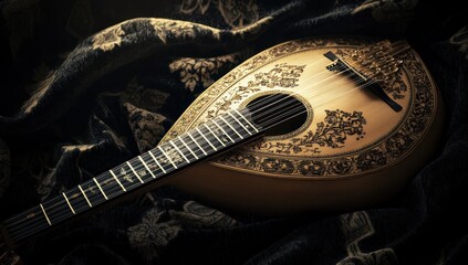 Vintage, ornate guitar resting on a dark fabric.  Detailed carvings adorn the instrument's body, and the draped fabric has a rich design