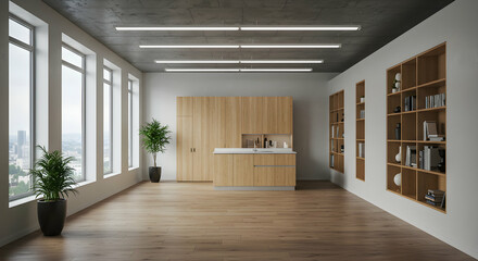 Fototapeta premium Apartment, Interior, Design, Modern Minimalist Apartment Interior Design with Light Wood Kitchen and Built-in Bookshelves