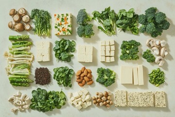 Assorted vegan protein sources and vegetables arranged on a surface for healthy eating, cooking content, and dietary planning