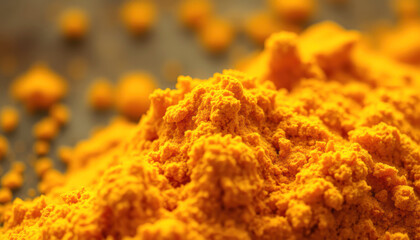 close-up of a vibrant pile of turmeric powder, showcasing its rich yellow-orange color