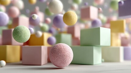 Floating Pastel Spheres and Cubes Abstract 3D Render