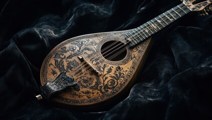 Ornate mandolin on dark velvet