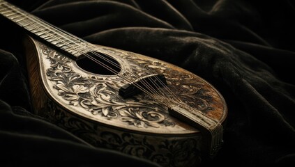Ornate antique guitar rests on dark fabric