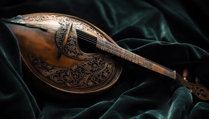 Ornate, antique string instrument rests on dark emerald velvet.  Intricate carvings adorn the body
