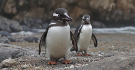 Fototapeta premium Humboldt penguin preening its feathers on a rocky beach , coast, rocky coast, wildlife photography