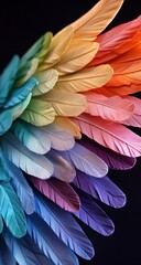 Close-up view of a vibrant, colorful wing.  Feathers in a spectrum of pastel hues, from teal to pink,  orange, and purple,  are densely clustered