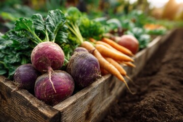 Freshly Harvested Root Vegetables in Wooden Box