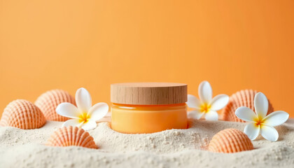 Organic cream on sea sand decorated with shells on orange summer background. Advertising banner, place for advertising