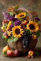 Obraz premium Autumnal Harvest Basket: Sunflowers, Grapes and Fruit
