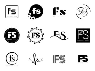 FS logo company template. Letter f and s logotype. Set different classic serif lettering and modern bold text with design elements. Initial font typography.