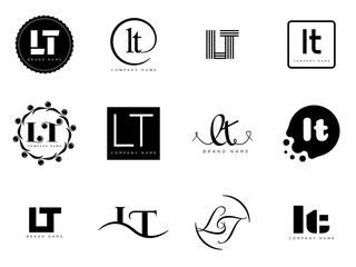 LT logo company template. Letter l and t logotype. Set different classic serif lettering and modern bold text with design elements. Initial font typography.