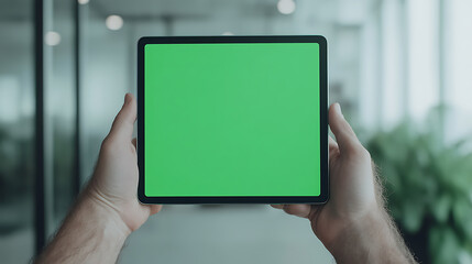 Hands holding a tablet with a green screen in an office setting, perfect for mockups and presentations. Editable display for creative design.