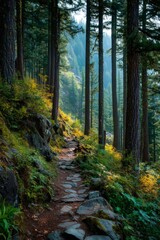 Obraz premium Sunlit Forest Trail Winding Through Green Woods