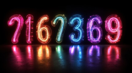 Neon numbers, rainbow colors, glowing