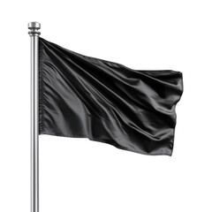 A black flag waving in the wind attached to a silver pole against a plain transparent background studio shot