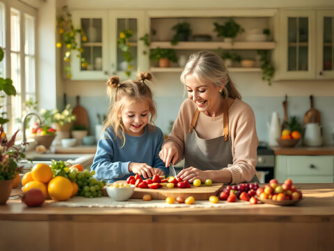 Gro&szlig;mutter und Enkelin bereiten zusammen einen Obstsalat zu