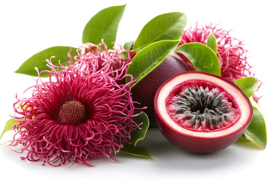 Fresh red ambulant tropical fruit on a white background with delicate pink blossoms