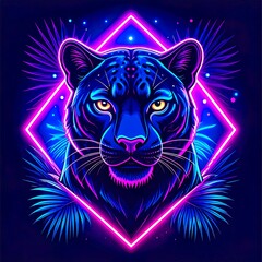 Vivid Neon Panther Illustration with Glow Effects and Stylized Tropical Elements