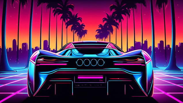 Retro futuristic car drives through a neon city at sunset